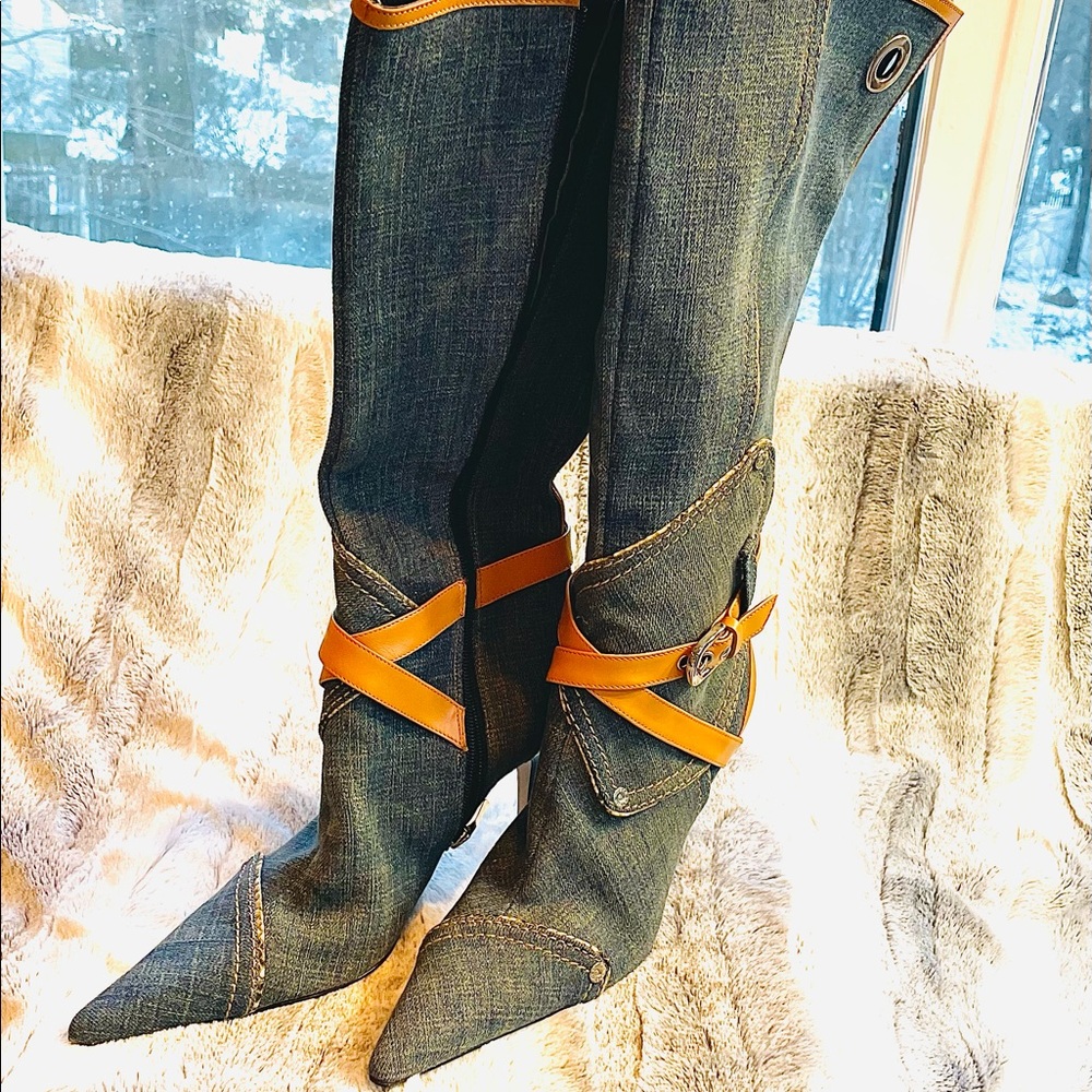 Karen Millen Indigo + Denim Stiletto Heel Tall Boot 39